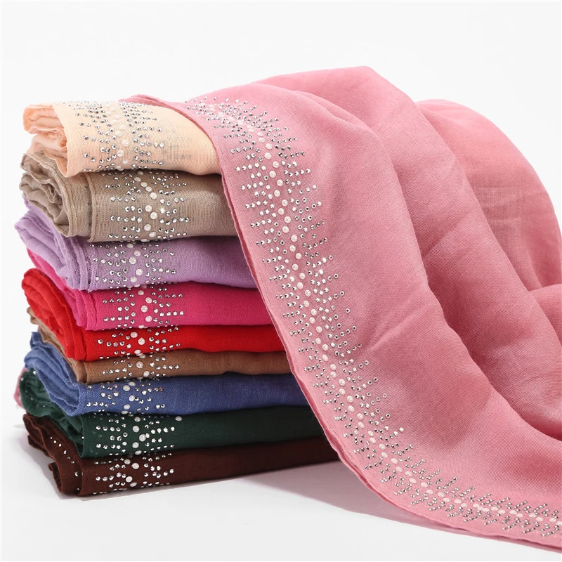 Cotton Hijab Bawal Wrap Glittering Rhinestones for Women Muslim Scarf