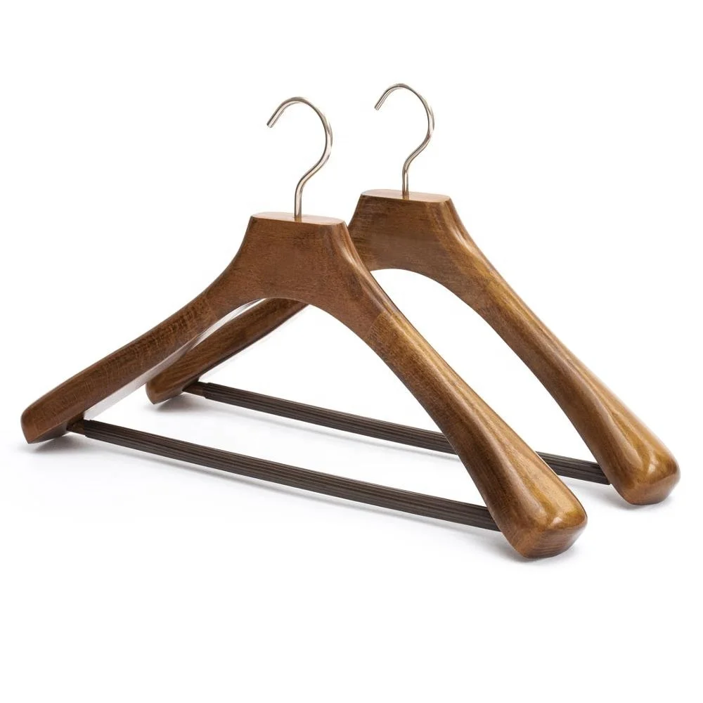 Custom Logo Antique Copper Color Wide Shoulder Luxury Suit Wooden Hangers With Pants Bar