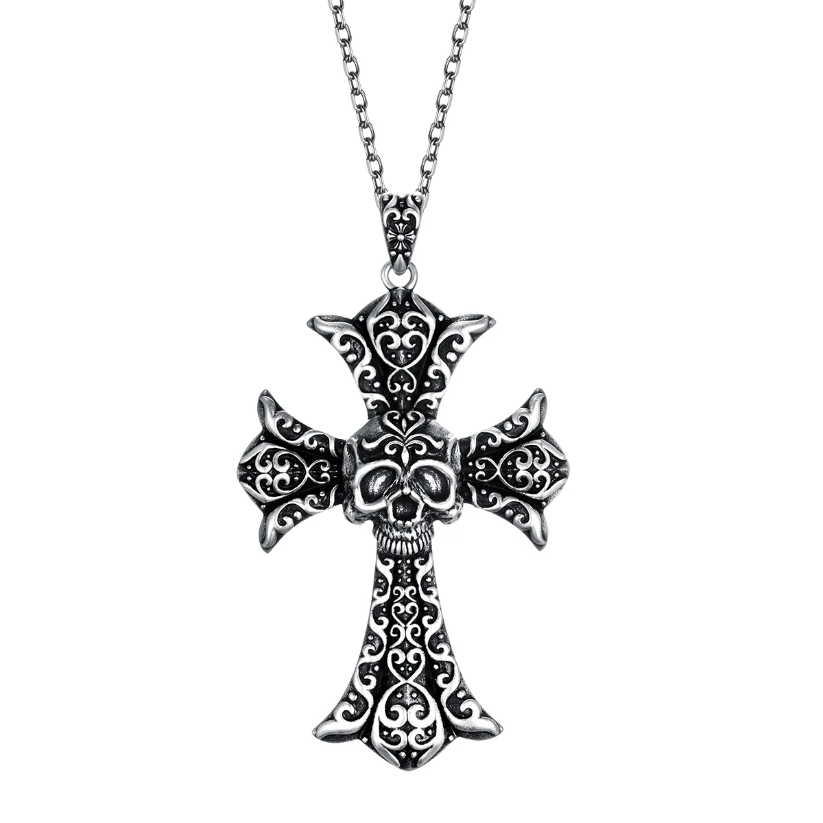 Christian Jewelry 999 Skull Silver Cross Necklace  Men Chain Stainless Steel Pendant Heart Lucifer Dark Angel