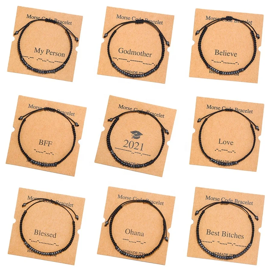 Best Selling Simple Secret Hidden Message Inspirational Morse Code Bracelets Cord Wrap Bracelet with Black Hematite Beads