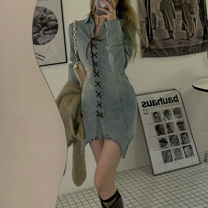 Women Long Sleeve Casual Dresses Stretch Strappy Solid Color V-neck Skinny Dollars Collar Irregular