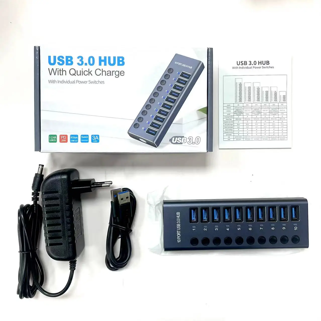 Manufacturer Wholesale Premium Independent Switch Overheating Protection Plug and Play USB 3.0 TO HUB 10port