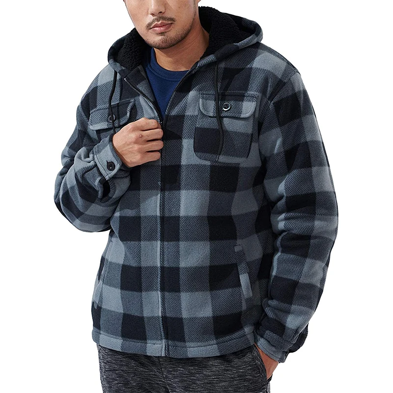 Heavy Thick Flannel Plaid Jacket Sherpa Fleece Lined Hoodies for Men Zip Up Winter Warm Coat Buffalo Zipper Sweatshirt