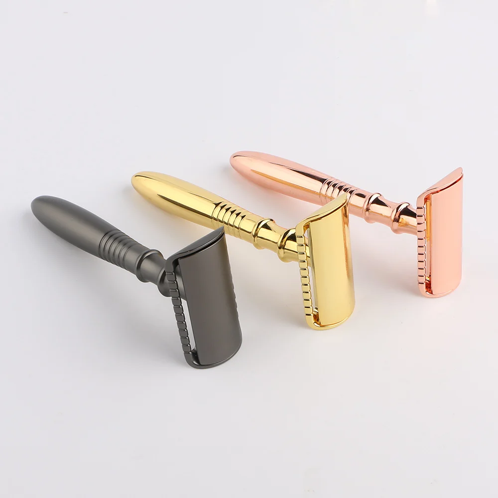Private label mens straight blades zinc alloy safety razor rose gold shaving safety razor