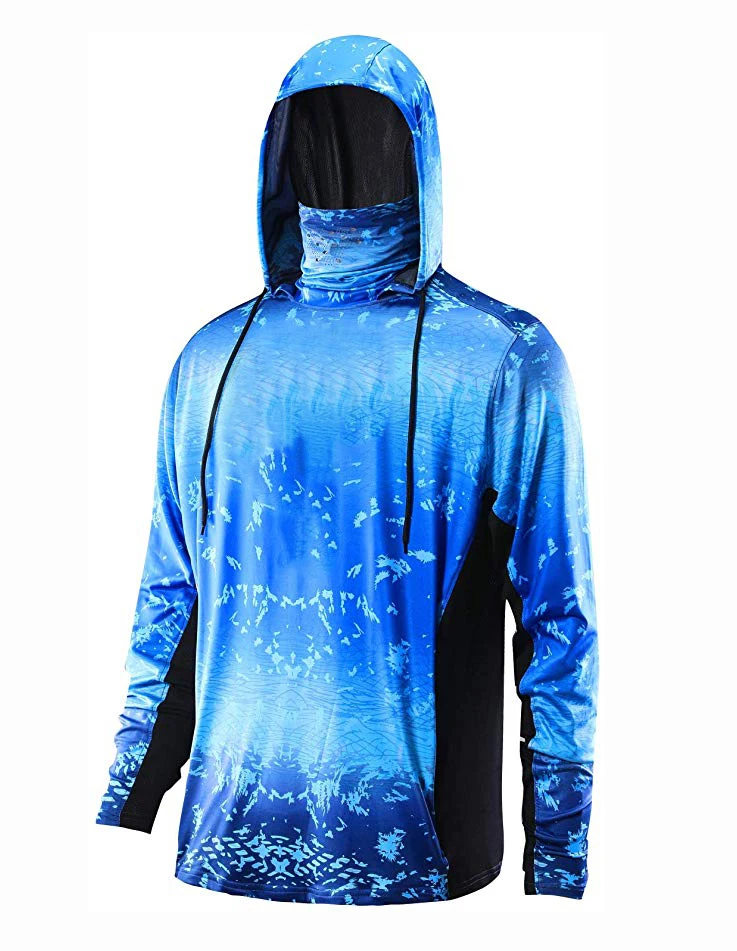  Wholesale custom camo blue design high performance sun protection hooded fishing jersey shirt