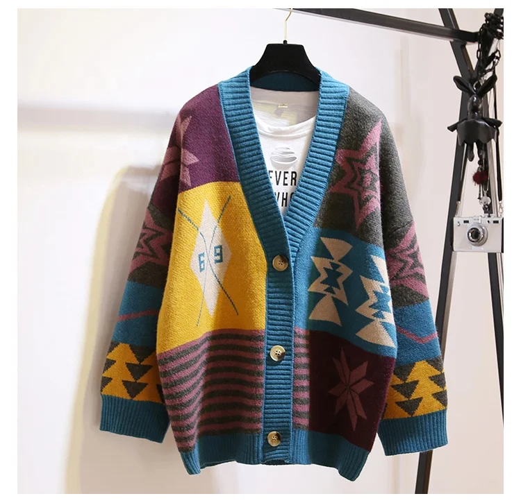 Custom V neck fashion wool cashmere floral female women long cable knitted ladies cardigan aztec sweater