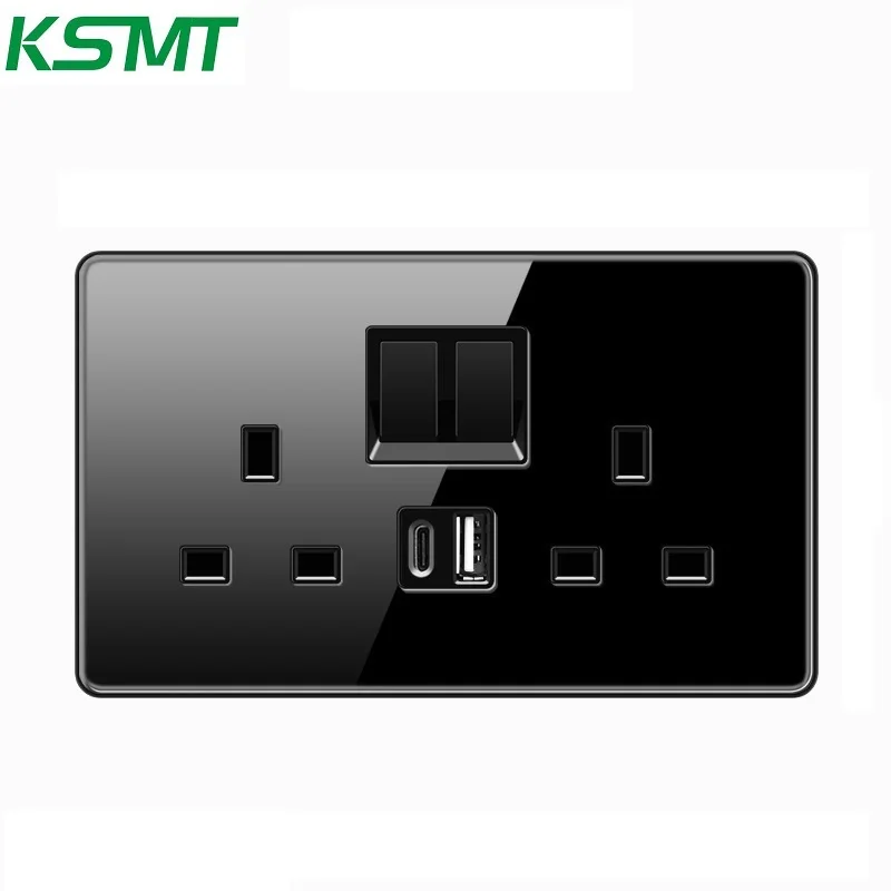Kaisi 146*86mm USB-A type-c 13A UK Black glass panel wall socket switch