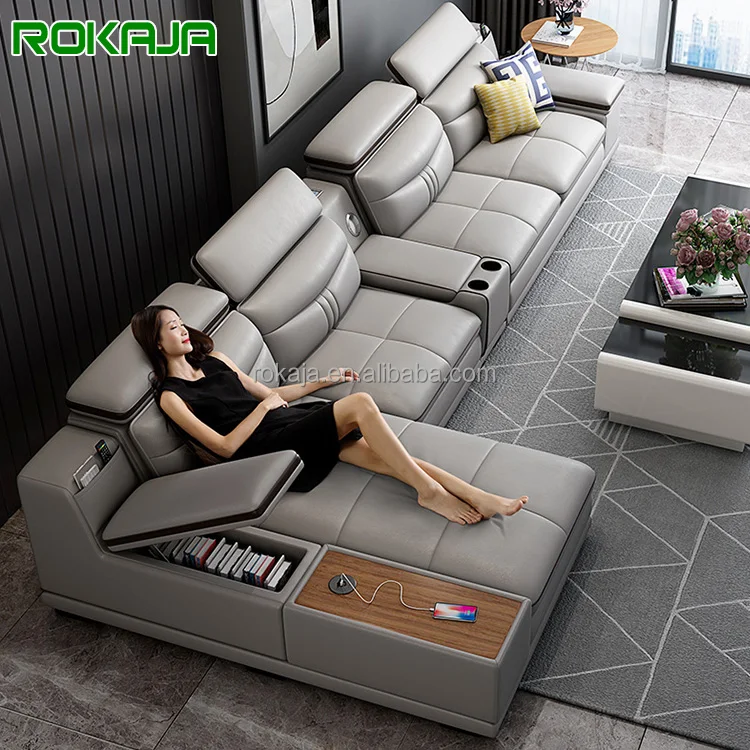 Современный Кожаный умный диван многофункциональная мебель с аудиозарядным устройством 7-местный секционный L-образной формы