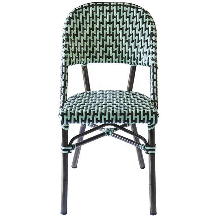 Modern French Patio Cafe Wicker Dining Furniture Outdoor Garden Aluminum Green Restaurant Rattan Bistro Chair