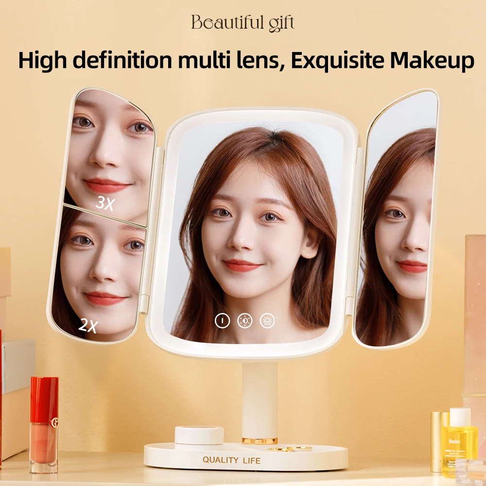 Oem Magnifying Led Makeup Mirror Screen Touch Led Lightes Trifold Magnification Foldable Makeup Mirror Espejo De Maquillaje