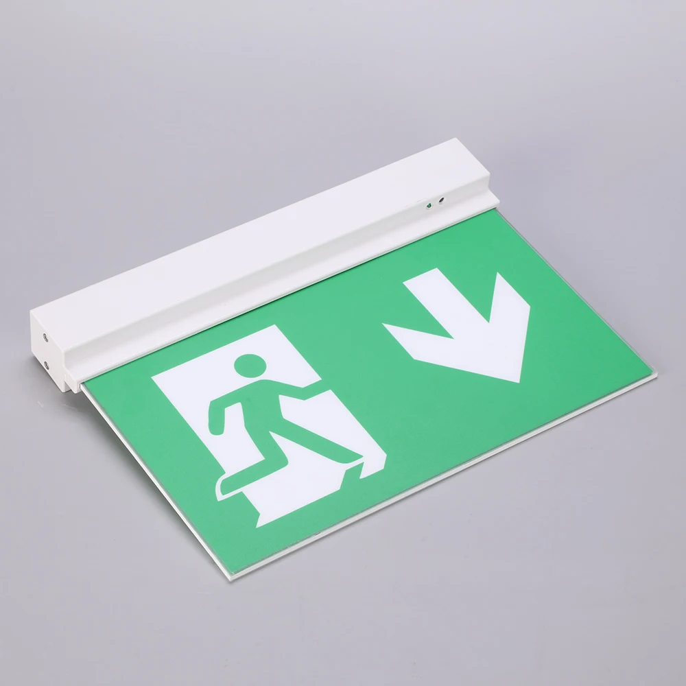 Double-Sided LED Emergency Fire Exit Sign with Wire Suspension Kit for ceiling mounting.