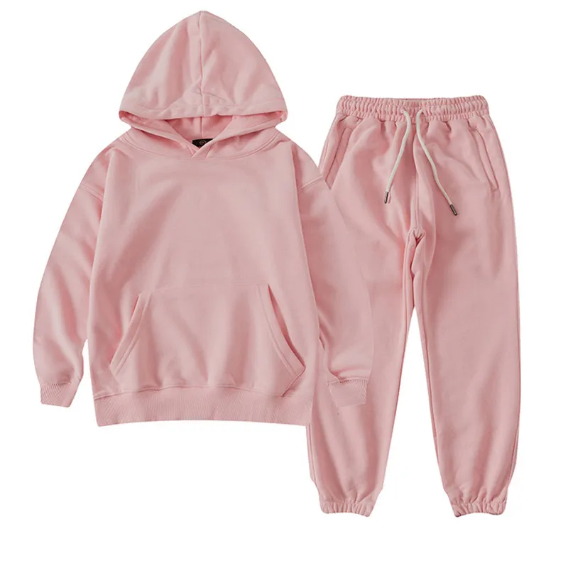  wholesale Kids Sweat Suits Children Boys Girls Solid Hooded Pullover Track Suit High Quality Jogger Clothing