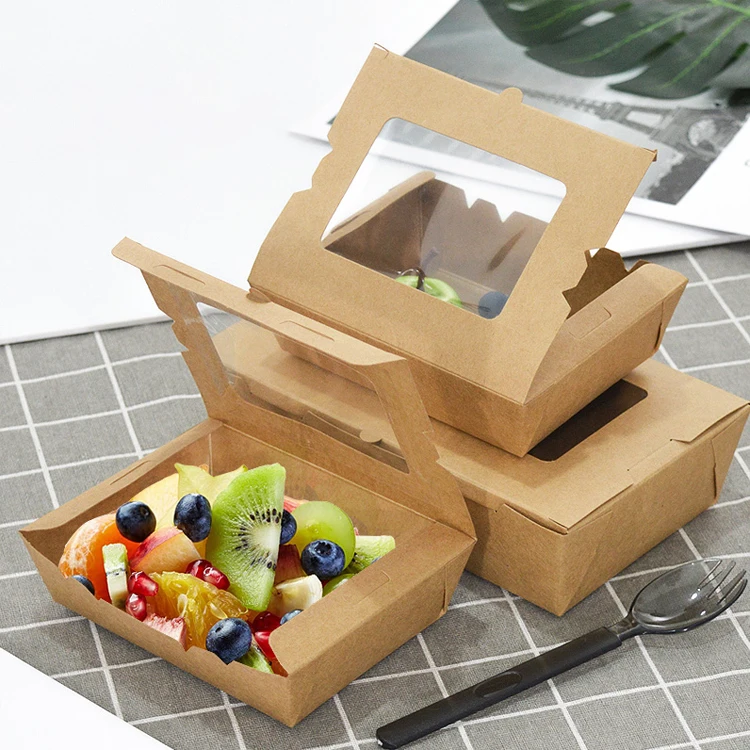 Custom Disposable Food Grade clear Kraft Transparent Open Window Paper Packaging Salad Boxes box with Window