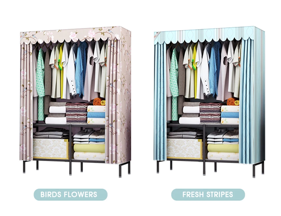 
Chinese dust proof cloth closet detachable modular wardrobe folding portable fabric wardrobe furniture with metal jacket 