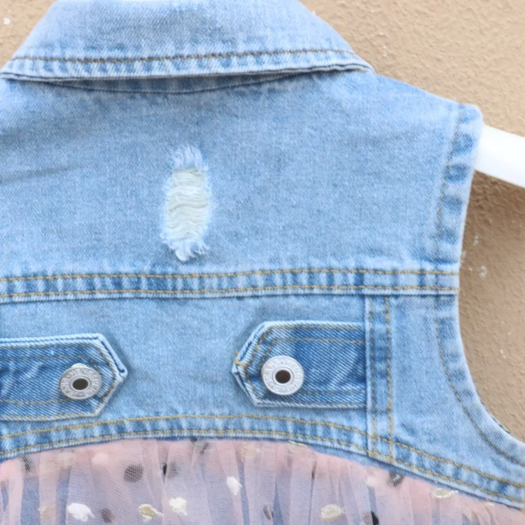 Custom children clothing kid sleeveless denim flocking tulle  girls vest