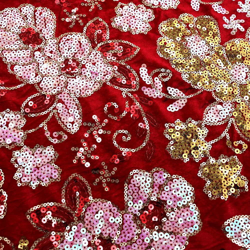 high-quality embroidery fabric with a rich and intricate floral pattern Velvet sequin embroidery fabric
