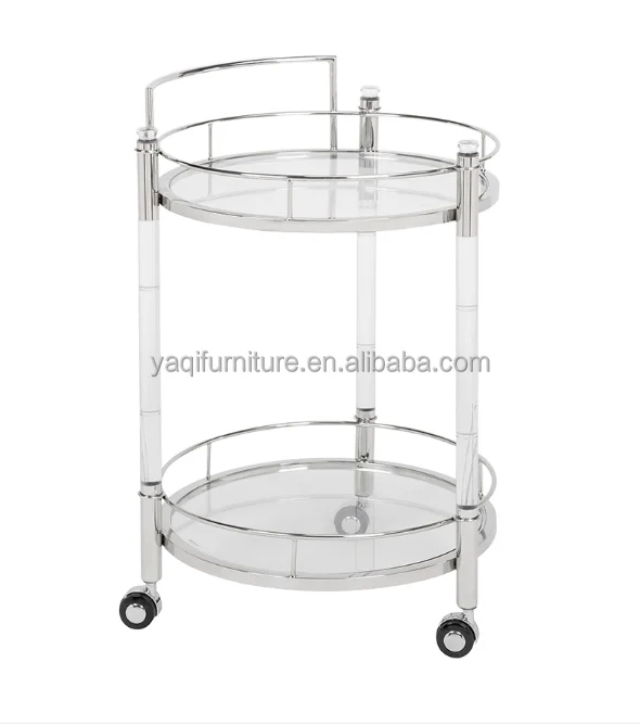 Прозрачная акриловая и металлическая круглая тележка для вина, Двухуровневая Золотая тележка для сервировки бара, тележка для вина со стаканом