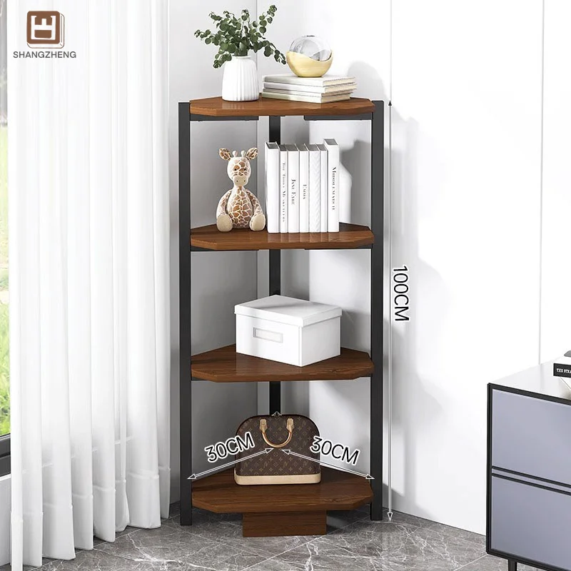 Modern Corner Bookshelf With Rounded Shelves, In Deep Brown And Black Metal, Ideal For Organized Storage And Display