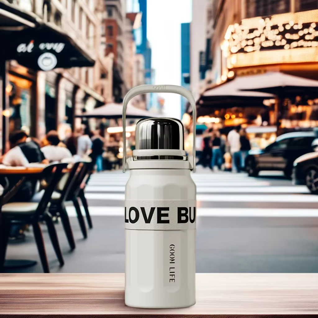 900 ml Stainless Steel Insulated Coffee Thermos Water Bottle with Carrying Strap and Lid Vacuum Flask for Hot or Cold Drinks