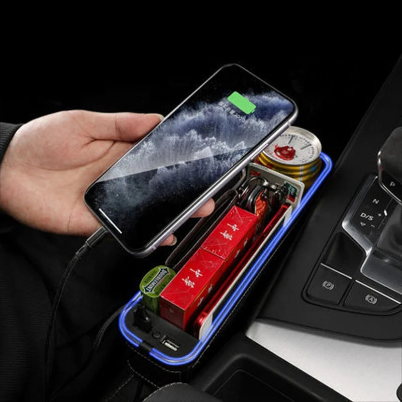 Car Seat Pockets with Led Light with USB Car Charger Luxury Auto Storage Box Car Seat Gap Organizer