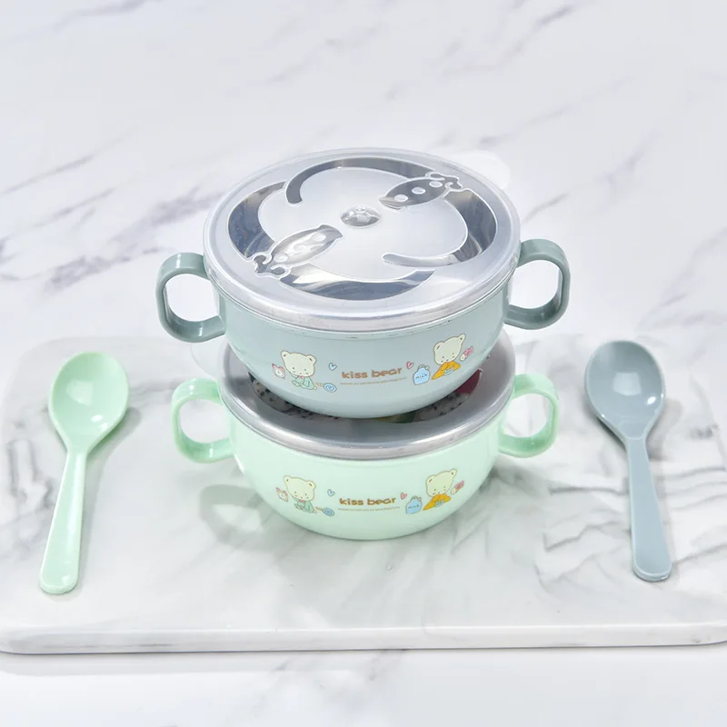 Baby Feeding Bowl Stainless Steel Insulation Bowl Spoon Set Cartoon Printed Children Food Bowl Bpa Free 300ml Custom Logo