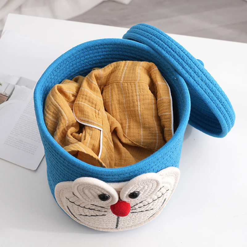 Cartoon baby diaper toy storage basket Round with cover living room cotton rope storage basket