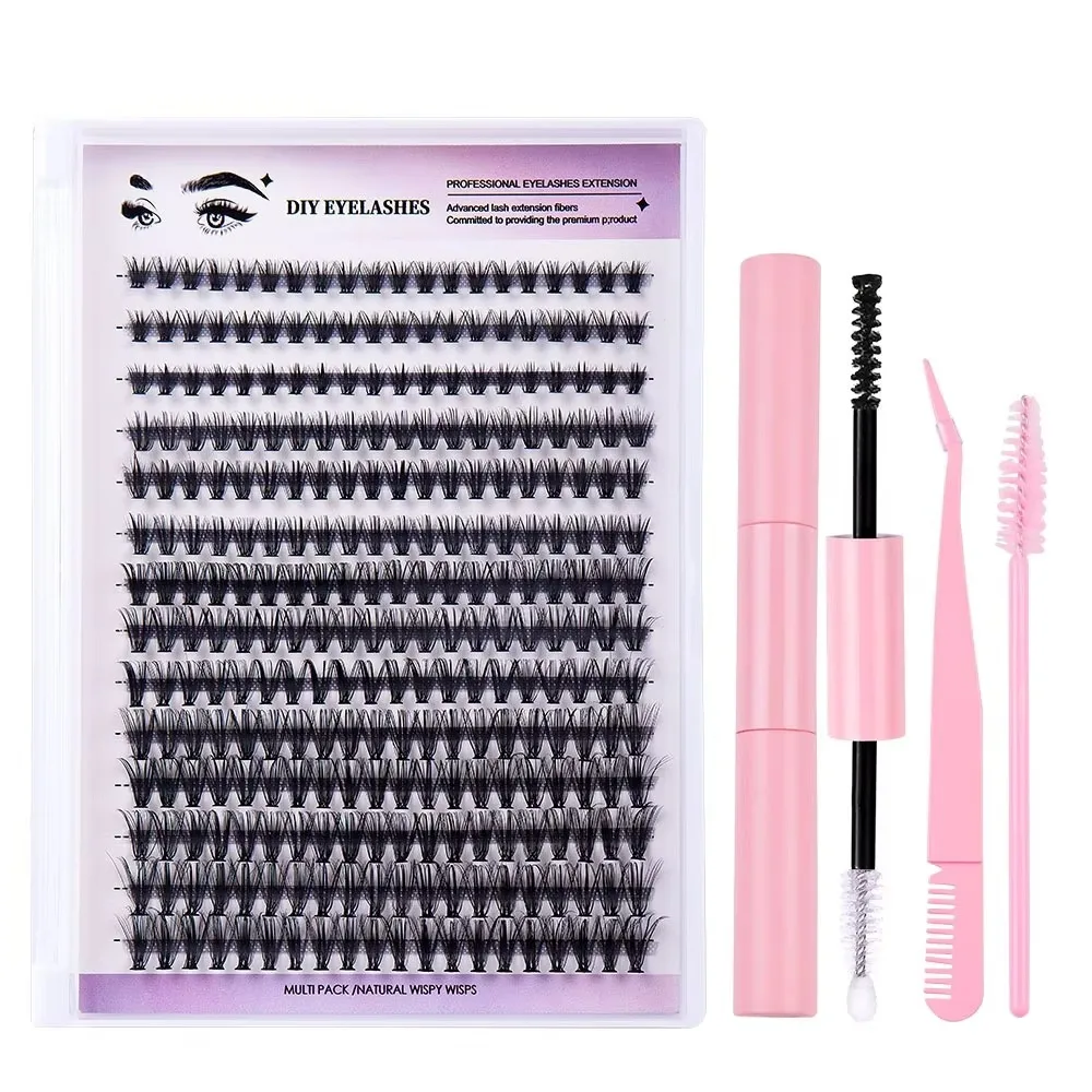 Natural 3D DIY Eyelash Extension Kit Fluffy Cluster Individual Lashes and D Curl Mix Length Eyelash Extension Kit with Bond Glue