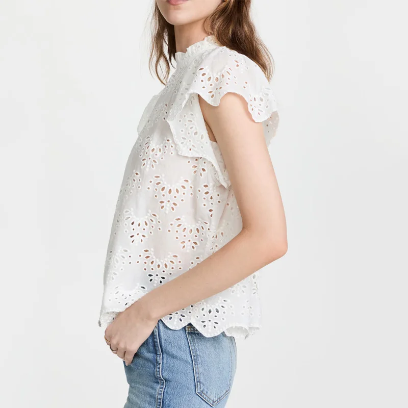 Customize Women Flutter sleeve top Ladies Casual Lace Blouse Tops