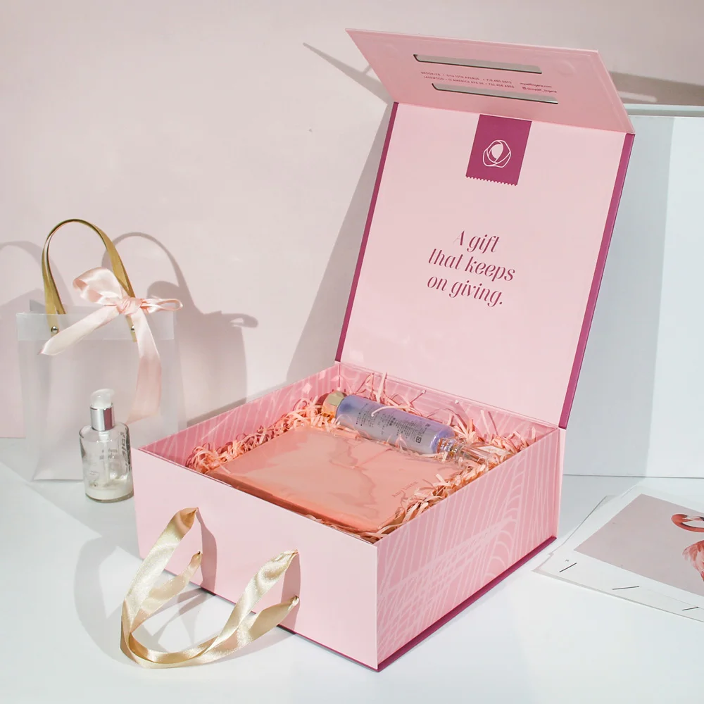 Custom Ribbon Handle Pink Rigid Paper Cardboard Packaging Magnetic Folding Paper Mothers Day Wedding Magnetic Luxury Gift Box