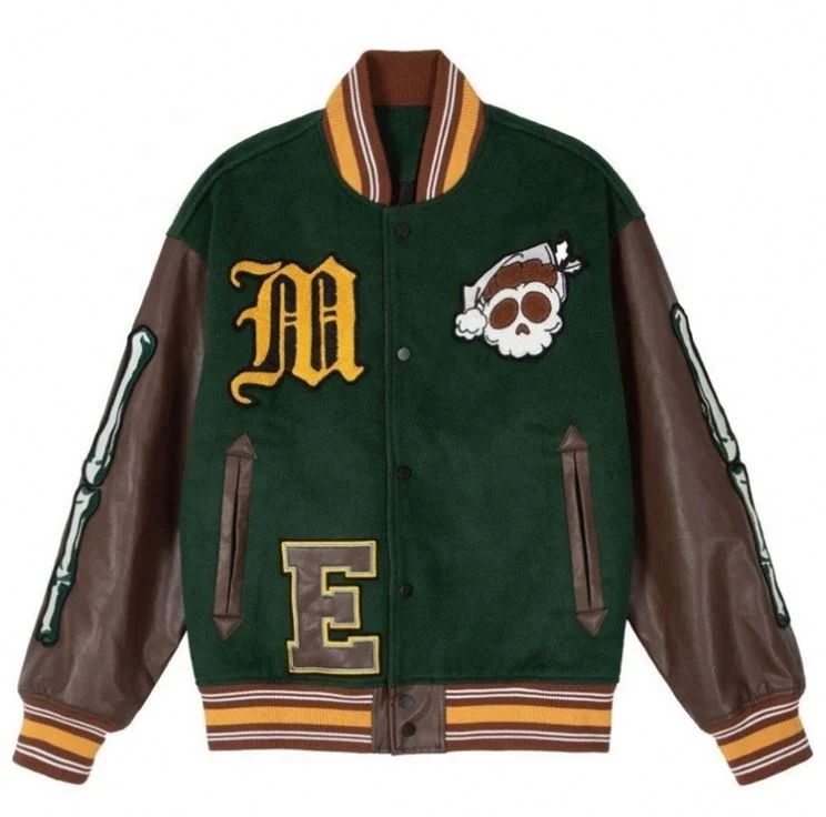 OEM custom vintage western world retro motorcycle skull print baseball bomber jacket for men