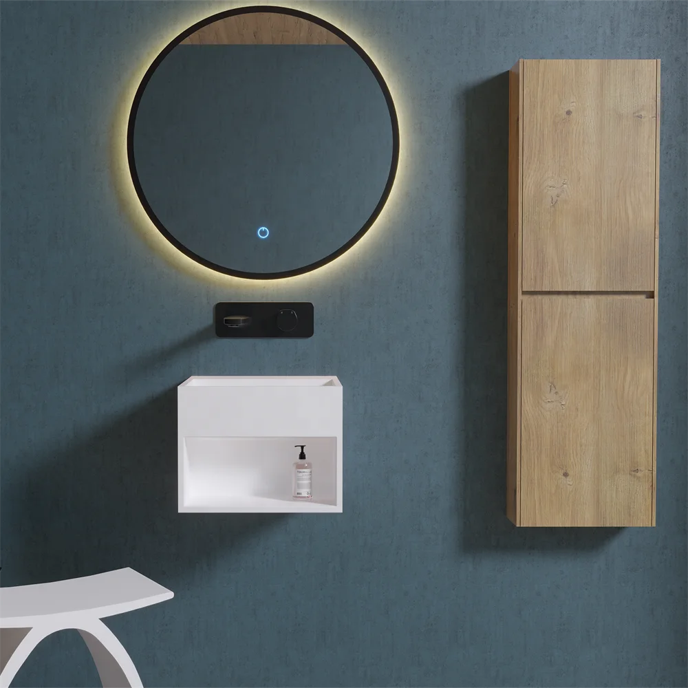 Small Rectangular Stone Resin Wall-Hung Sink Polished Hand Wash Basin with Towel Holes Wall Mounted Bathroom Accessory Drainer