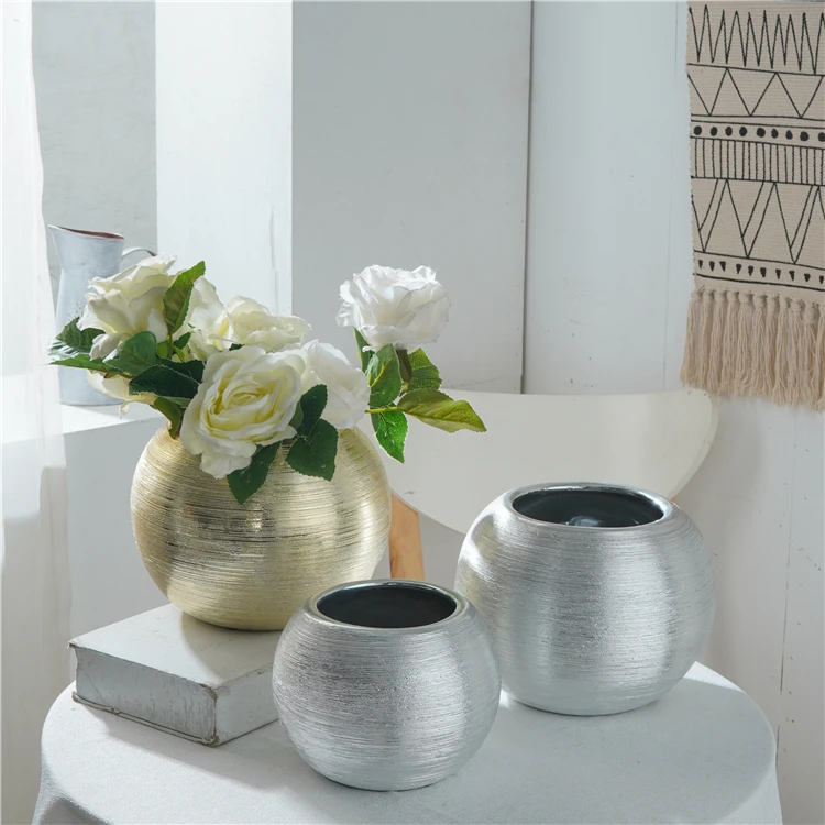  Luxury home decoration vase golden sliver round flower ornament stripe porcelain ceramic