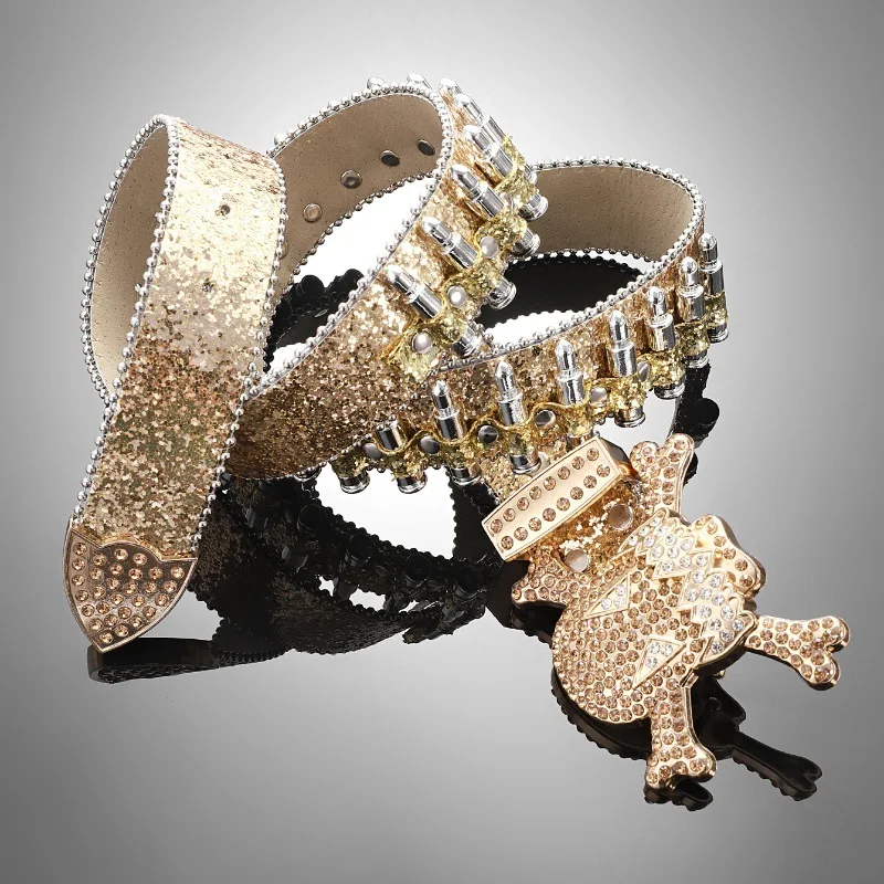 Halloween PU leather studded rivet black skull belt designer shiny punk heavy duty studded bullet rhinestone belts for cowboys