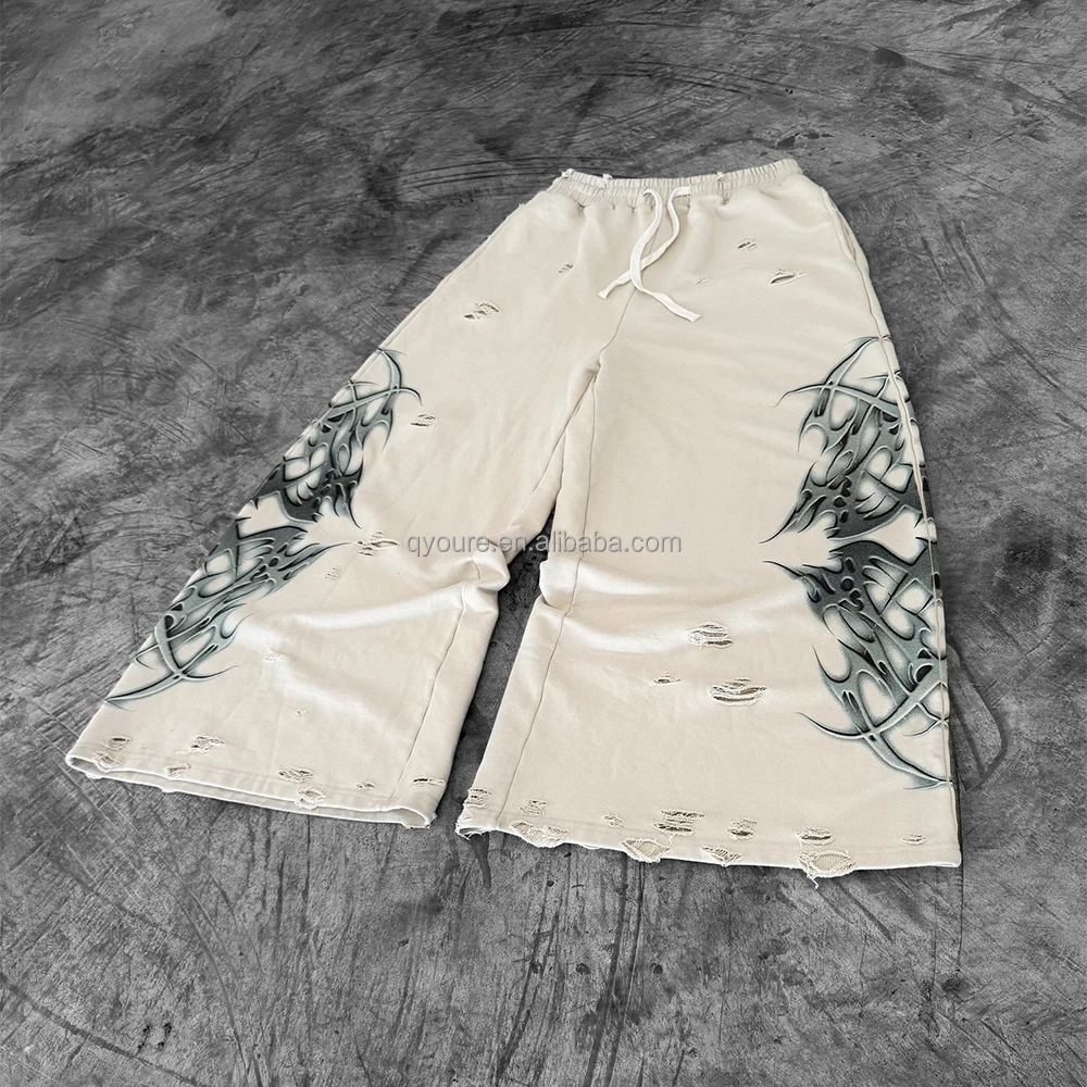 QYOURECLO Custom DTG 1005 cotton streetwear heavyweight mens wide leg distressed sweatpants with strings