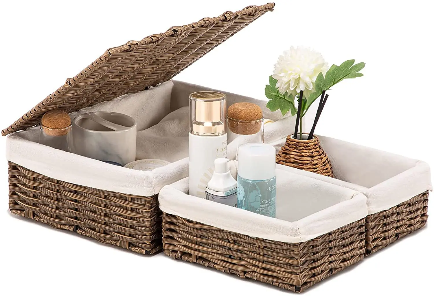 Set of 3 Handmade Decorative Home Storage Basket Wicker Baskets for Organizing Shelf Baskets with lid