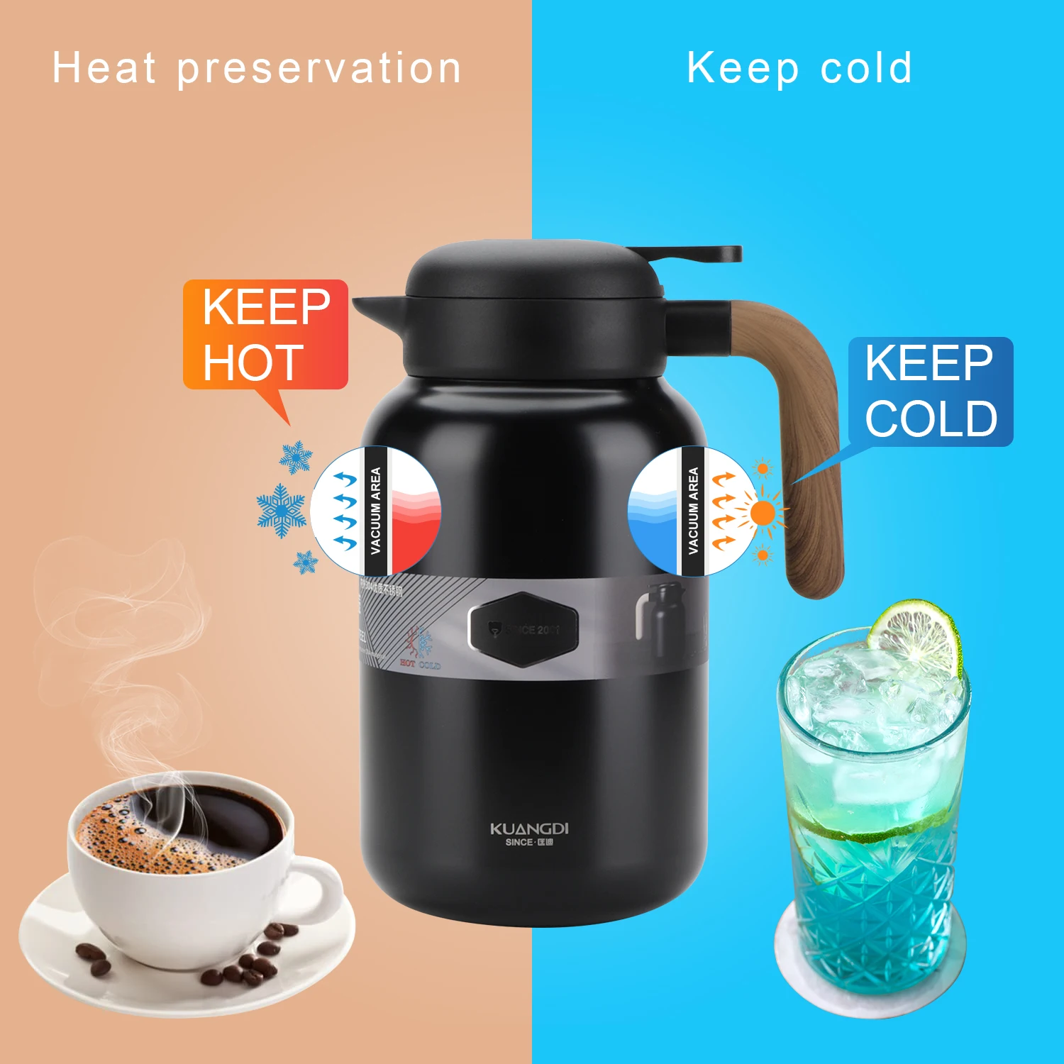 1300ml 2000ml Double Wall Stainless Steel Vacuum Insulated Coffee Carafe Thermos Hot Water Tea Pot with Wood Grain Handle