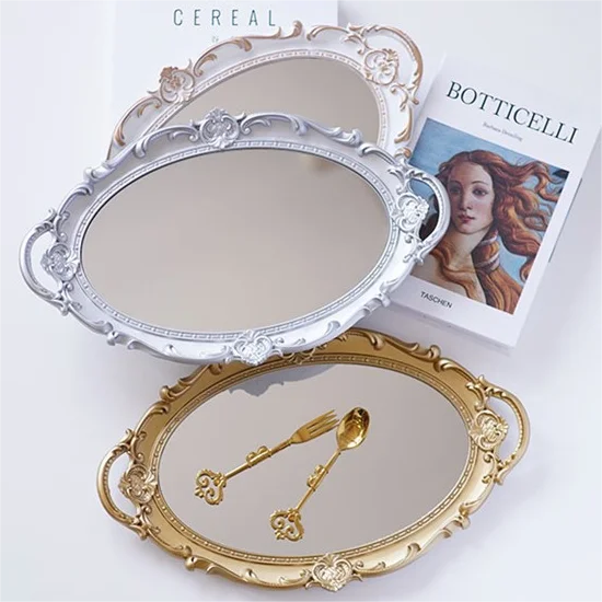Mirror Tray Table Perfume Vanity Home Decor Round Jewelry Luxury Gold Glass Acrylic Decorative Retro  Mirror Serving Tray