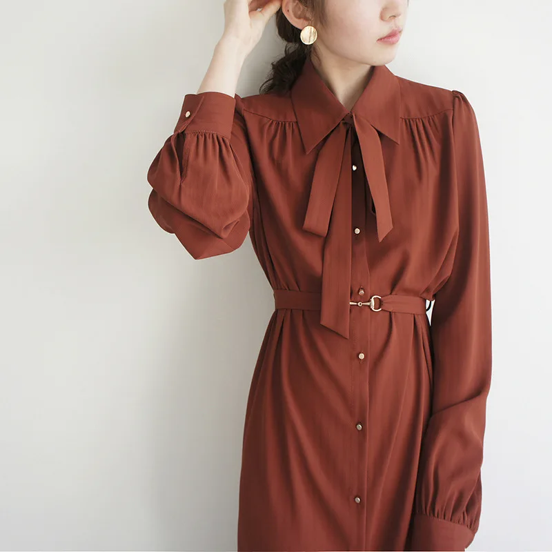 2022 Spring New Style Women Long Sleeve Midi Dress Fashion Turn Down Collar Slim Elegant Shirt Skirt