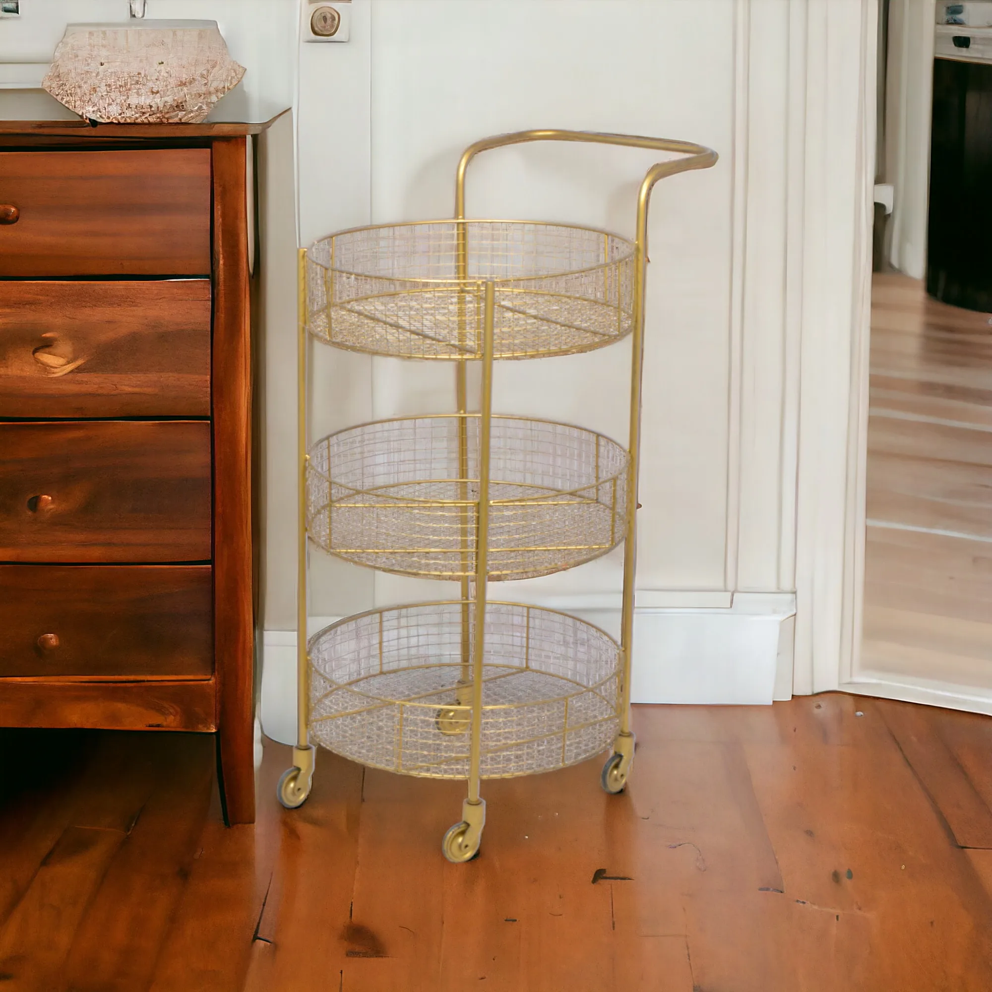 Customize 3 tier with 4 wheel Vegetable Fruit House Hold Mesh Basket with Handle Metal Storage Organizers Wire Kitchen Basket