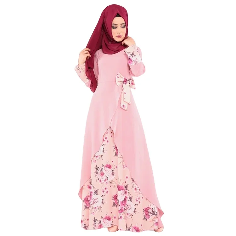 Floral print patchwork four seasons long skirt Middle Eastern dress robe for women Muslim Islamic India Indonesia robe