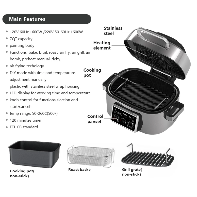 7 In 1 Oem Supplier Big Air Fryer Oven Indoor Electric Countertop foodi grill foodi grill Air Fryer Grill