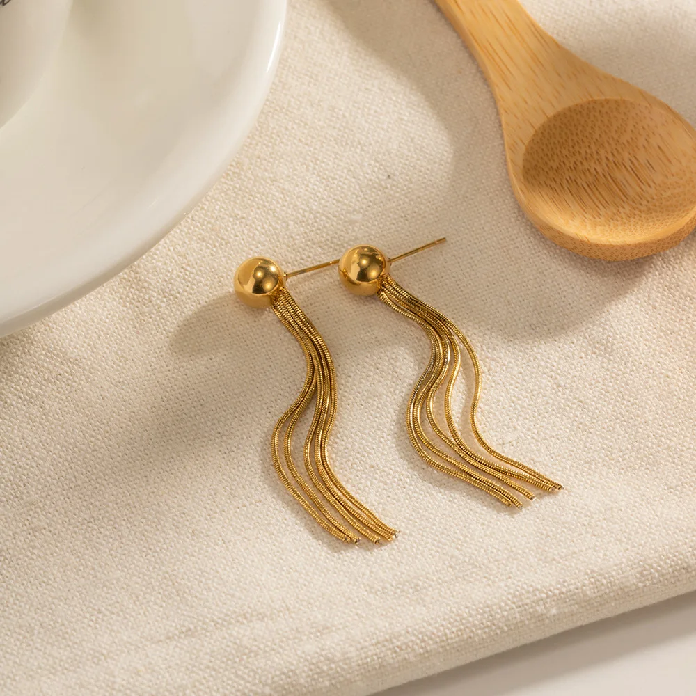 Элегантные женские серьги Aretas из нержавеющей стали 18k покрытые 18-каратным золотом не потускнеющие ювелирные изделия длинная цепочка-змея Серьги-кисточки с шариками