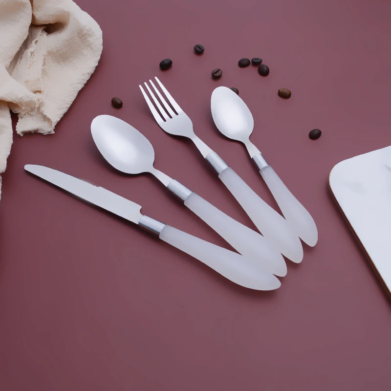 Mirror polished hotel wedding used flatware spoon fork set semitransparent crystal plastic handle cutlery silverware of 4 pcs