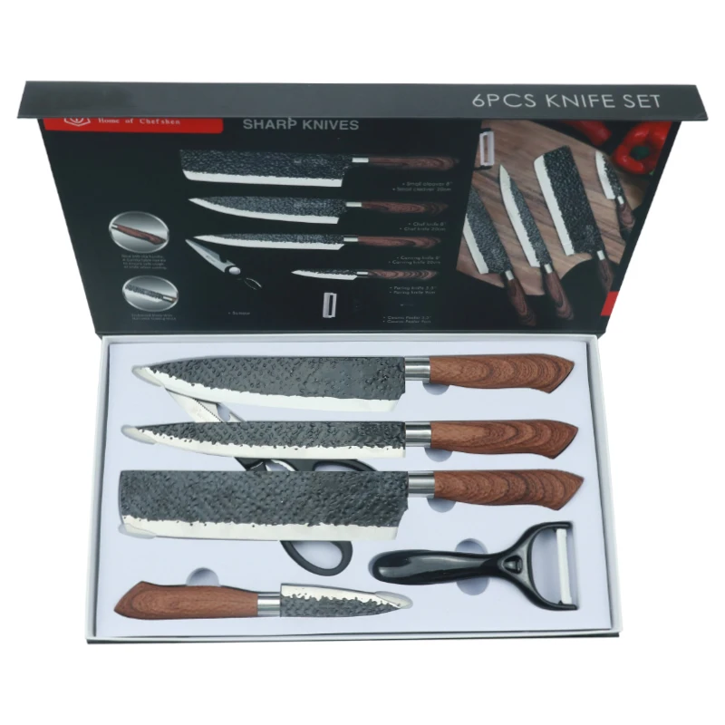 
Hammer pattern6-piece Embossed Forged Chef Knife Stainless Steel Kitchen Knife Set 