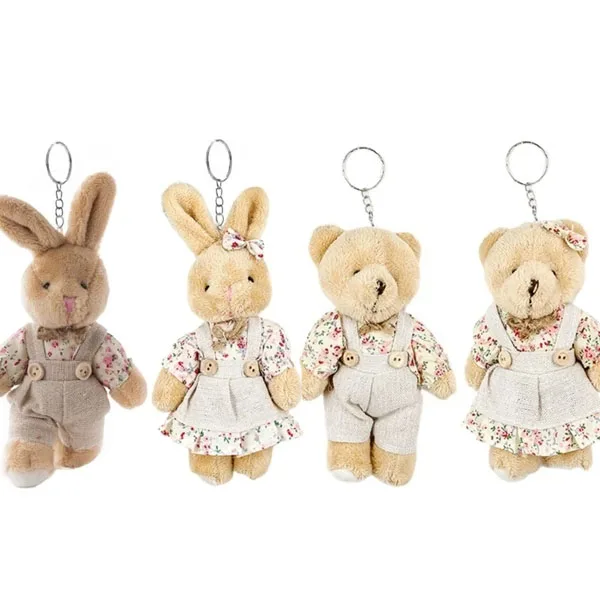 12CM Kawaii Floral Cloth Teddy Bear Bunny Dolls Key Bag Pendants charm Couple Bear Plush teddy bear Key chains Toy Lovers Gift