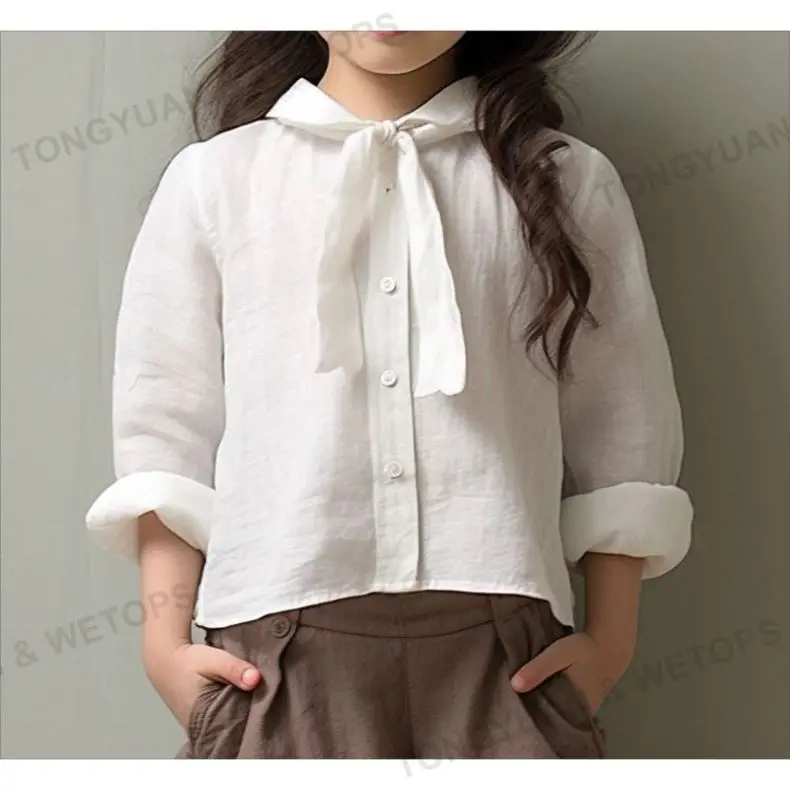 Korean Style Kids Girls White Blouse Beautiful Children Linen Cotton Shirts
