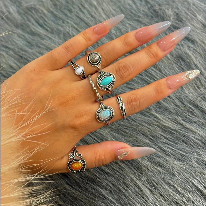 Best-selling 7 Sets Of Gold And Silver Sacred Geometric Pattern Colored Gemstone Ring Retro Fashion Ring Ring Set For Women
