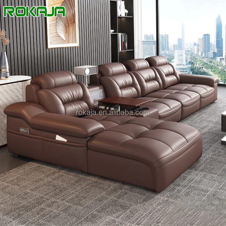 Projector Speaker Multifunctional Sofa Set 5 6 7 Seater Corner Combination Leather Sofa Large Size L-Shaped Sofa with Bookcase