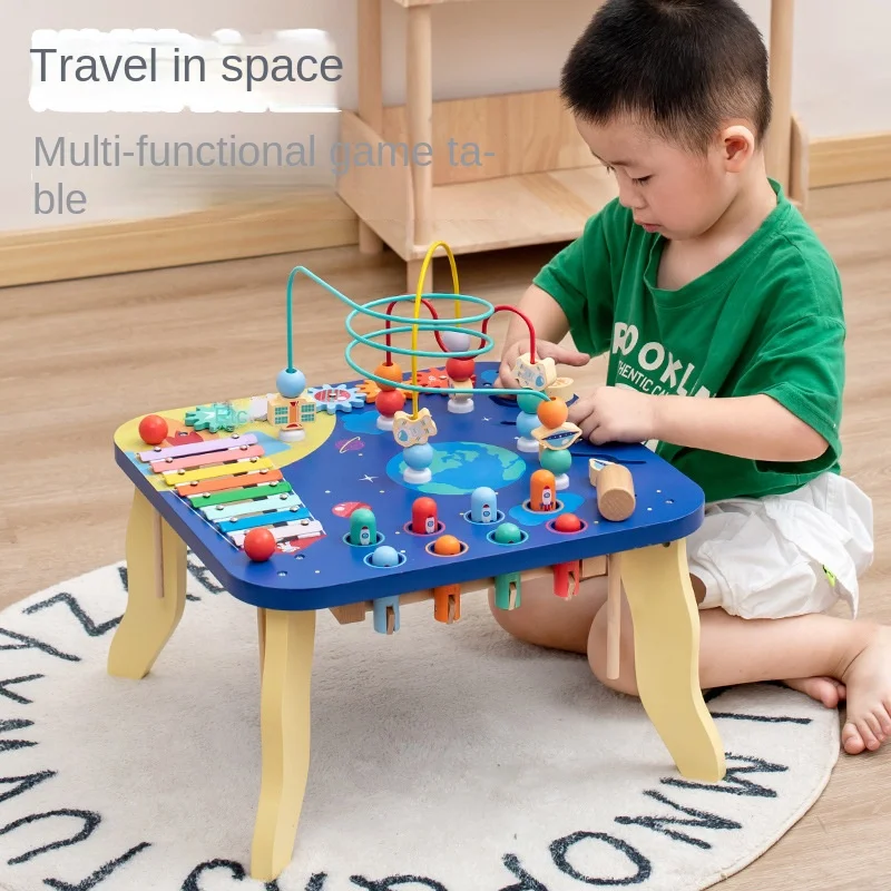 5 In 1 Multi-functional Busy Board Montessori Kids  Educational Toys Bead Maze Table Wooden Xylophone Toy Gaming Desk