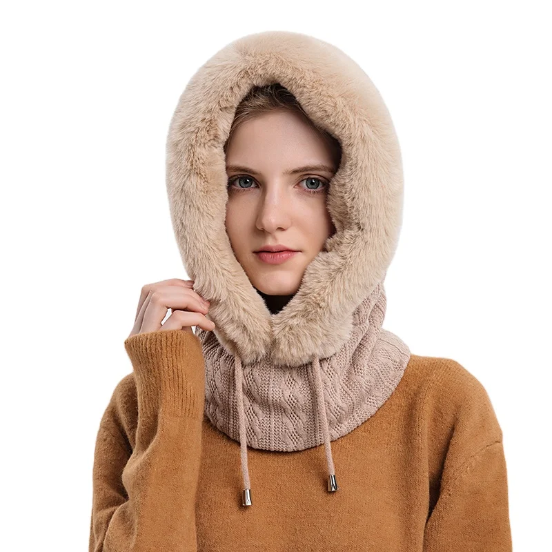 Winter fur cap mask set hooded for women knitted cashmere neck warm russia ski hat with scarf neck designer cap balaclava